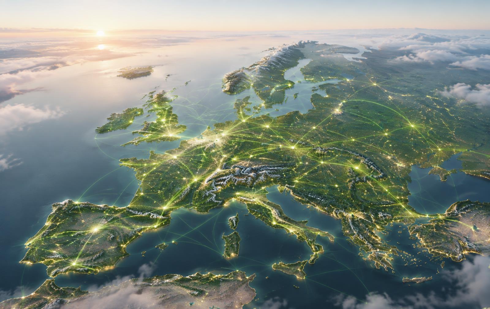 Europa vanuit de lucht met verbonden steden